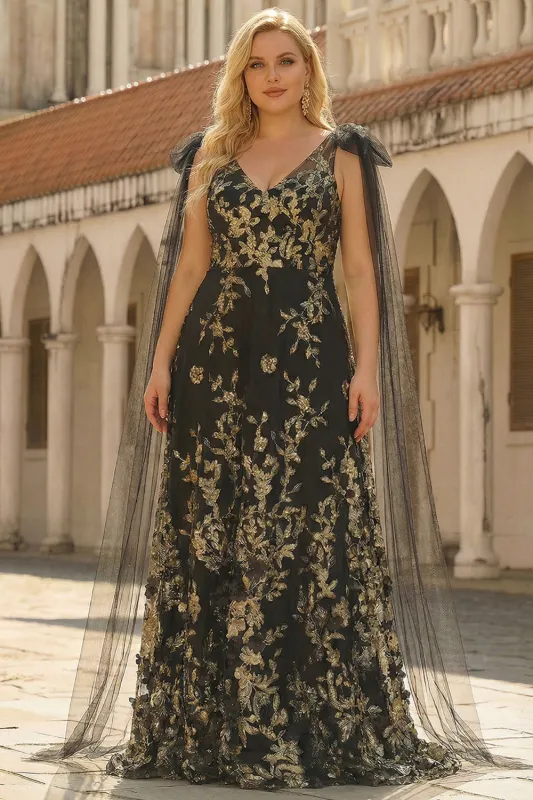 Black Golden A Line V Neck Long Plus Size Prom Dress with Streamer sold by Zapaka