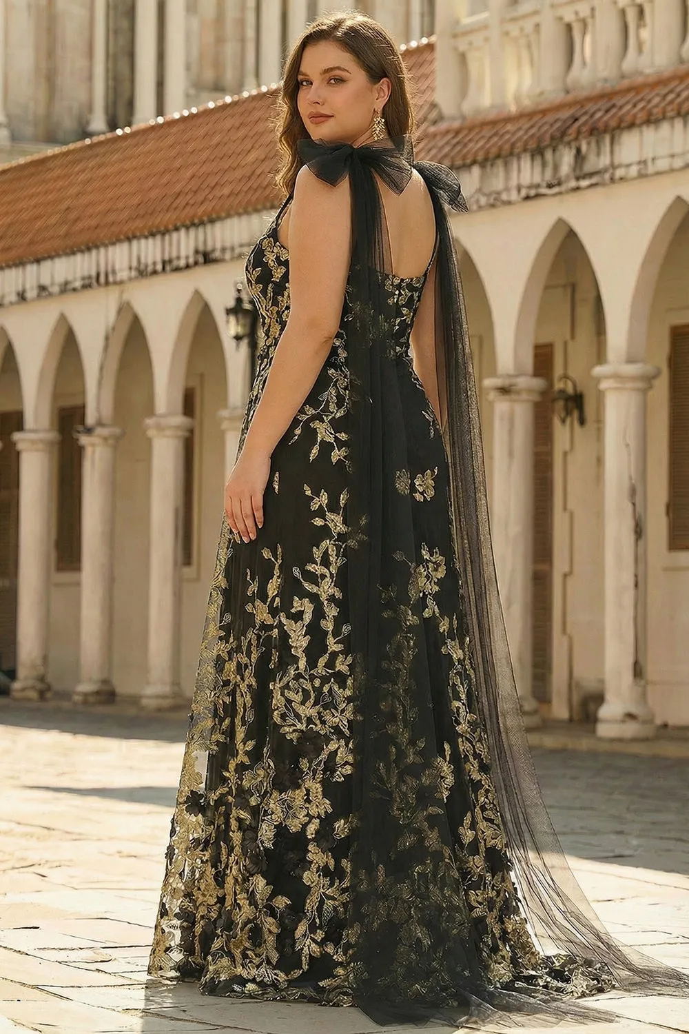 Black Golden A Line V Neck Long Plus Size Prom Dress with Streamer sold by Zapaka product image thumbnail 2