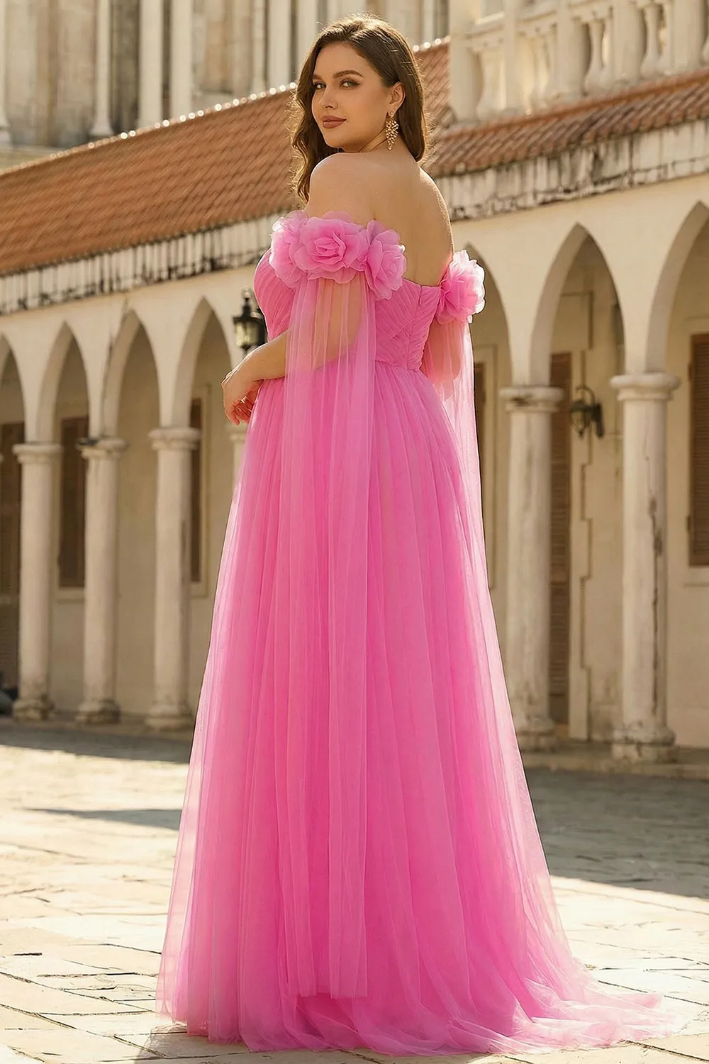 Hot Pink Off the Shoulder A Line Pleated Tulle Long Plus Size Prom Dress with Streamer sold by Zapaka product image thumbnail 2