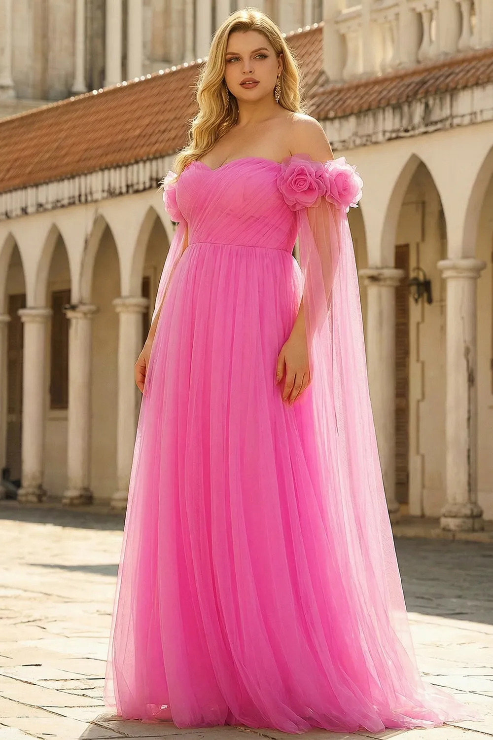 Hot Pink Off the Shoulder A Line Pleated Tulle Long Plus Size Prom Dress with Streamer sold by Zapaka product image thumbnail 3