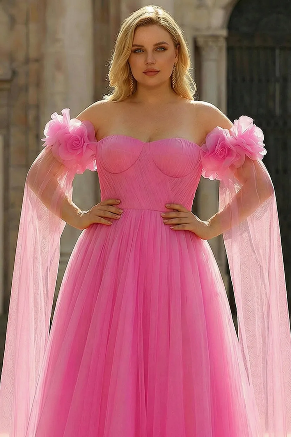 Hot Pink Off the Shoulder A Line Pleated Tulle Long Plus Size Prom Dress with Streamer sold by Zapaka product image thumbnail 4
