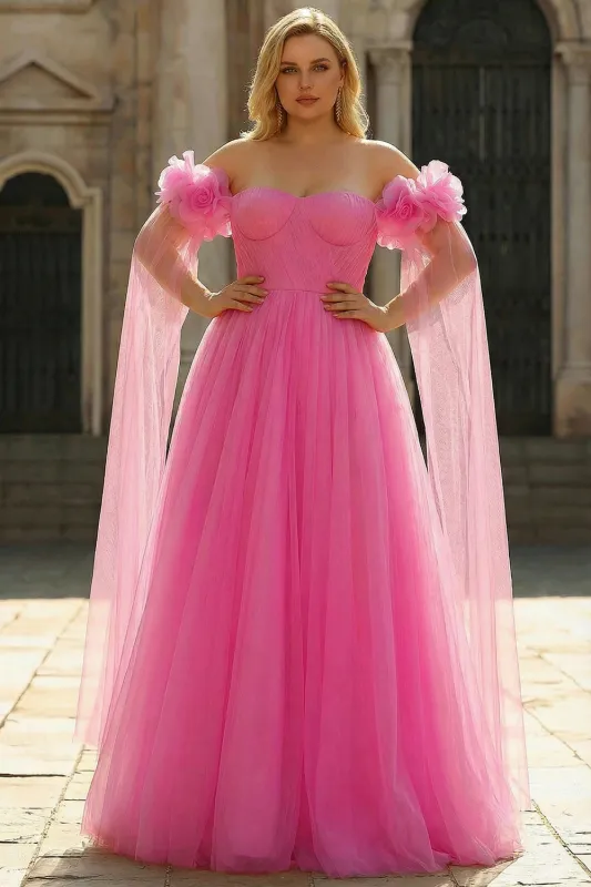 Hot Pink Off the Shoulder A Line Pleated Tulle Long Plus Size Prom Dress with Streamer sold by Zapaka