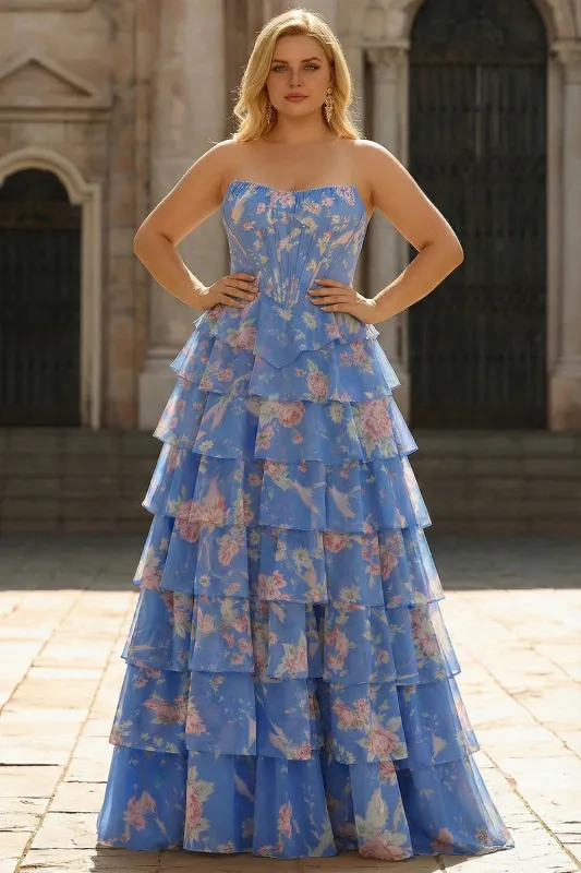 Dark Blue Strapless A-line Corset Chiffon Floral Long Plus Size Prom Dress with Ruffles sold by Zapaka