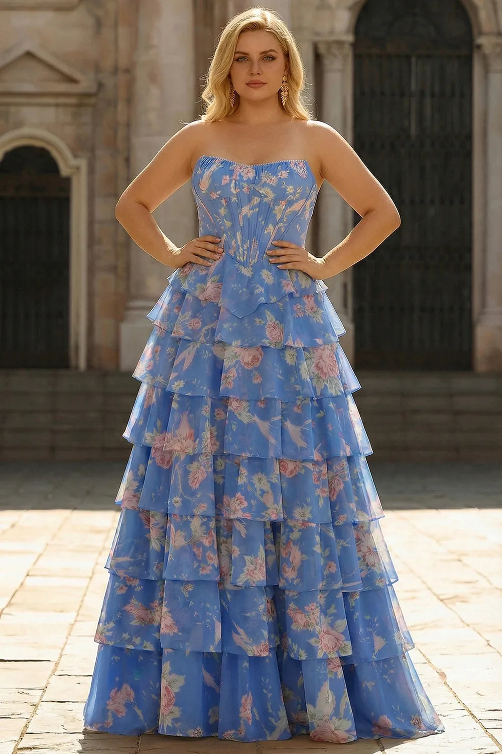 Dark Blue Strapless A-line Corset Chiffon Floral Long Plus Size Prom Dress with Ruffles sold by Zapaka