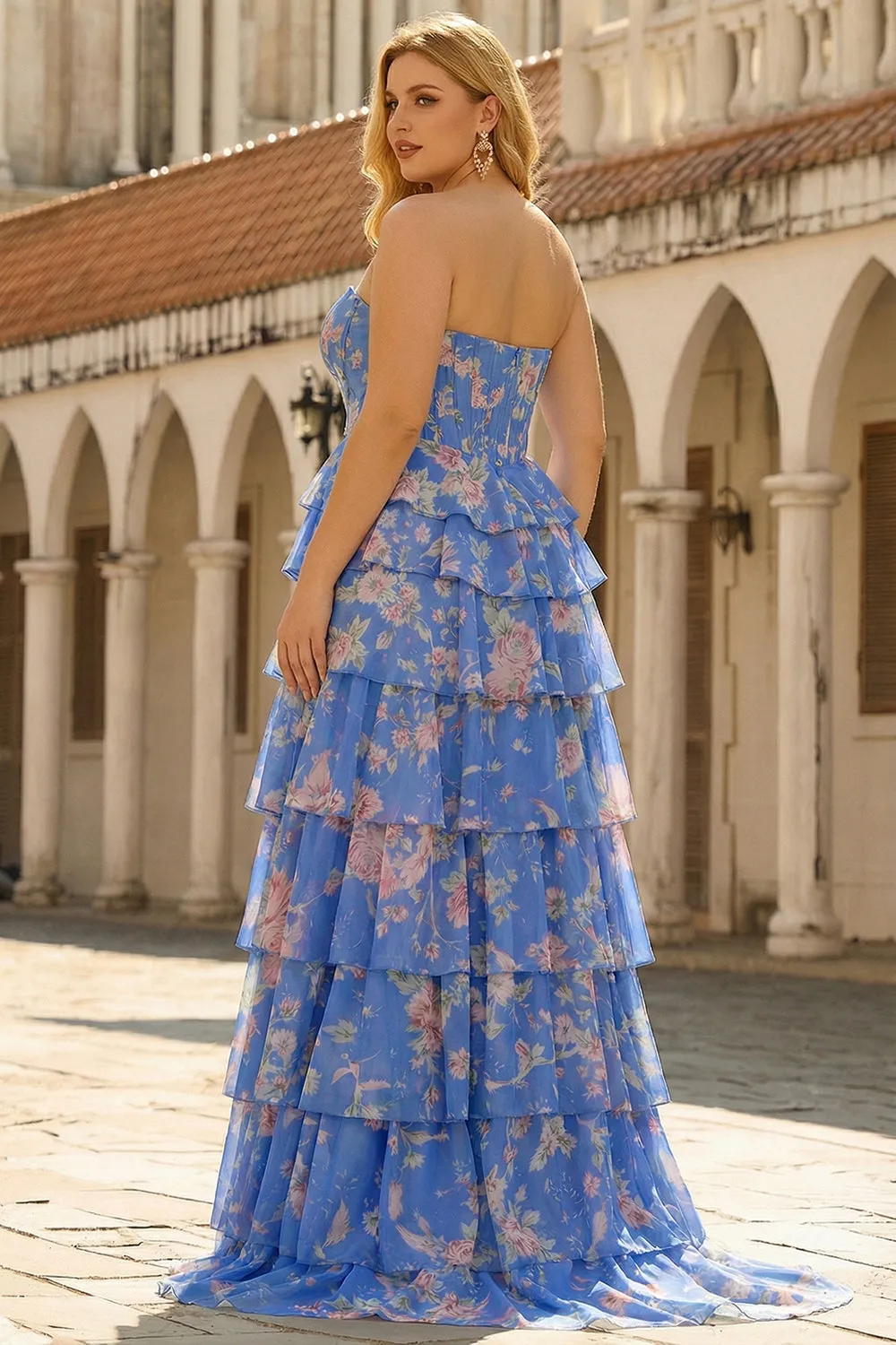Dark Blue Strapless A-line Corset Chiffon Floral Long Plus Size Prom Dress with Ruffles sold by Zapaka product image thumbnail 2