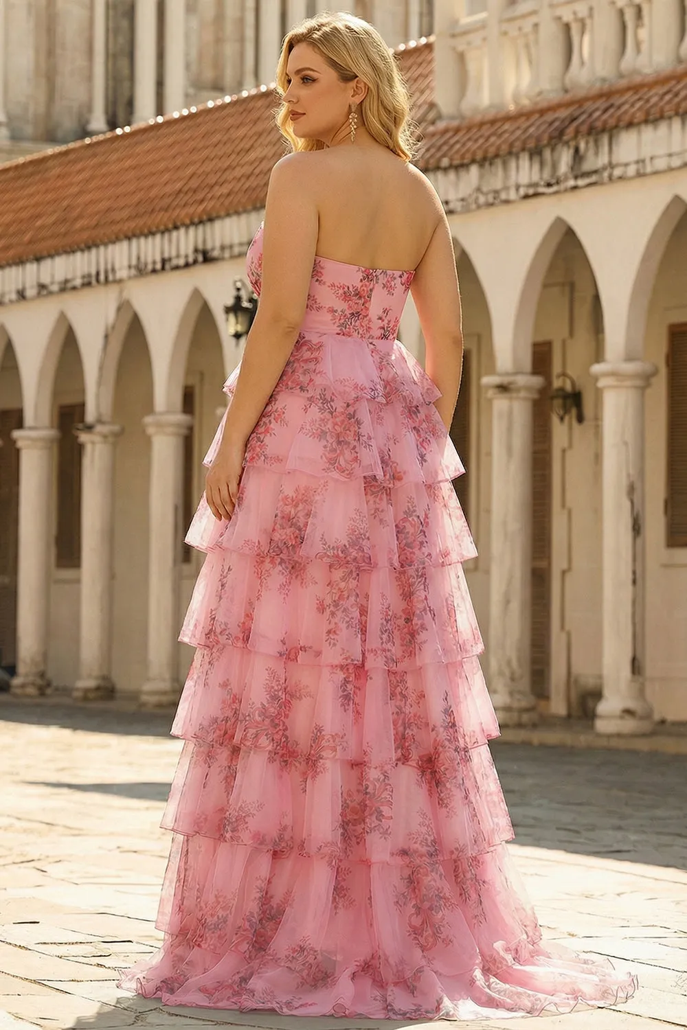 Blush Floral Printed Princess Sweetheart Tiered Long Plus Size Prom Dress sold by Zapaka product image thumbnail 2