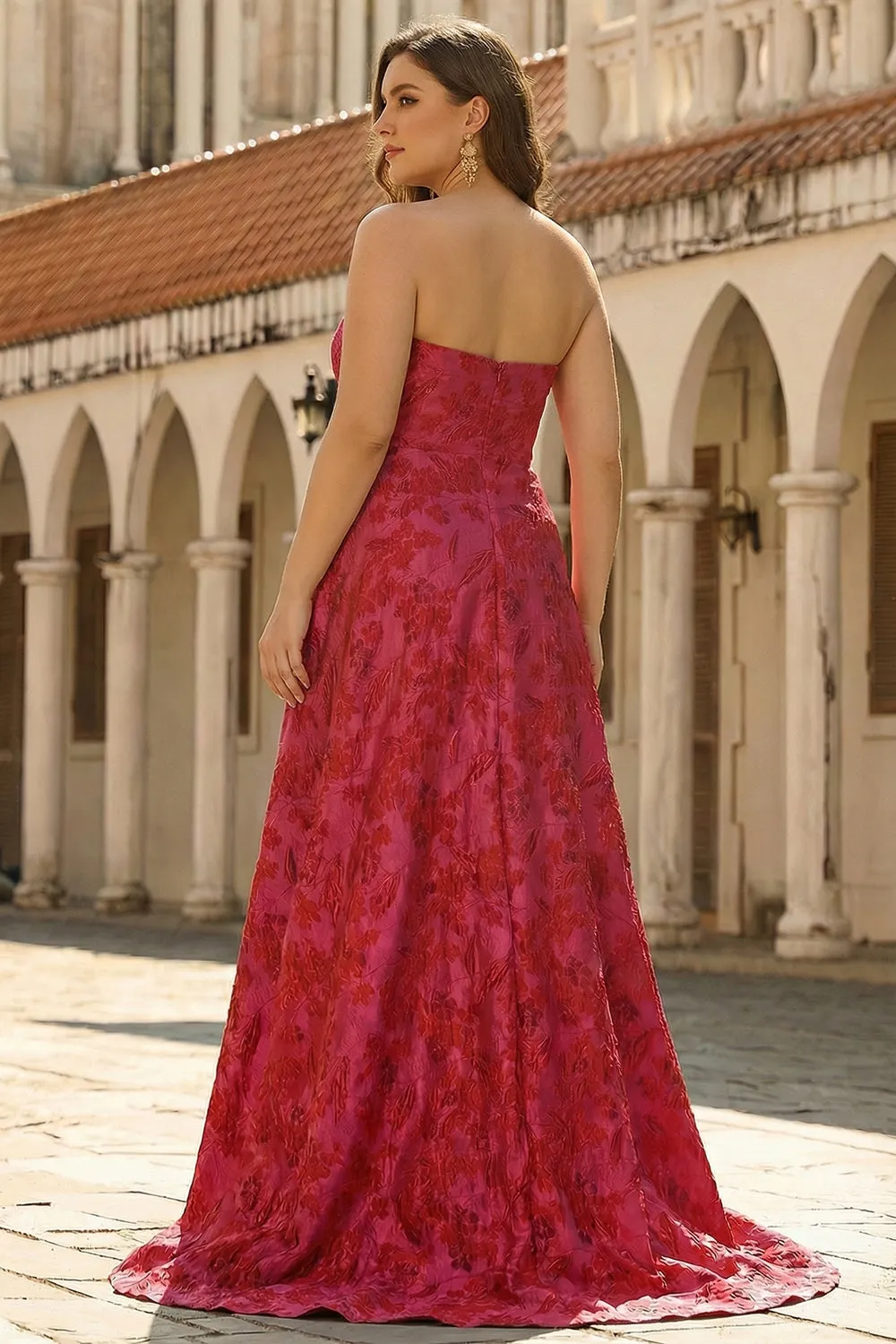 Fuchsia Floral Strapless A-Line Long Plus Size Prom Dress sold by Zapaka product image thumbnail 2