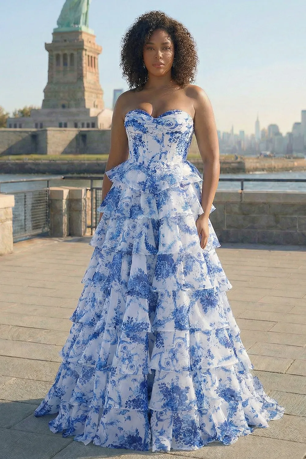 Blue White Flower A-Line Basque Waist Tiered Long Plus Size Prom Dress with Slit sold by Zapaka