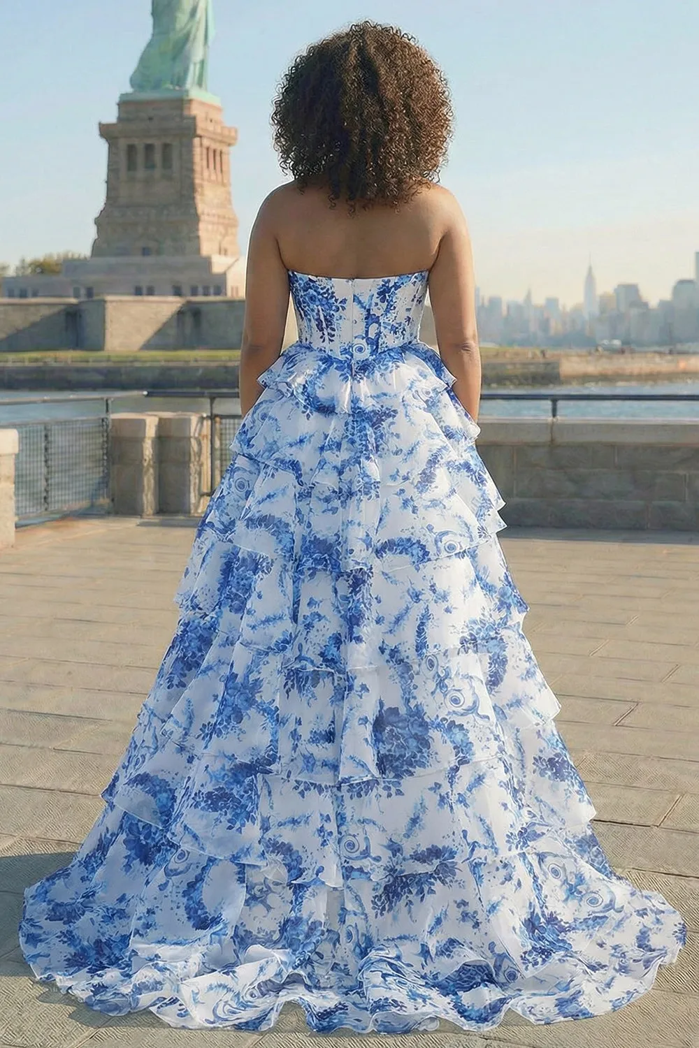 Blue White Flower A-Line Basque Waist Tiered Long Plus Size Prom Dress with Slit sold by Zapaka product image thumbnail 2