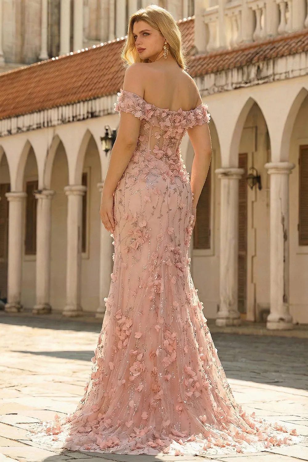 Blush 3D Flowers Mermaid Off the Shoulder Long Plus Size Prom Dress With Slit sold by Zapaka product image thumbnail 2