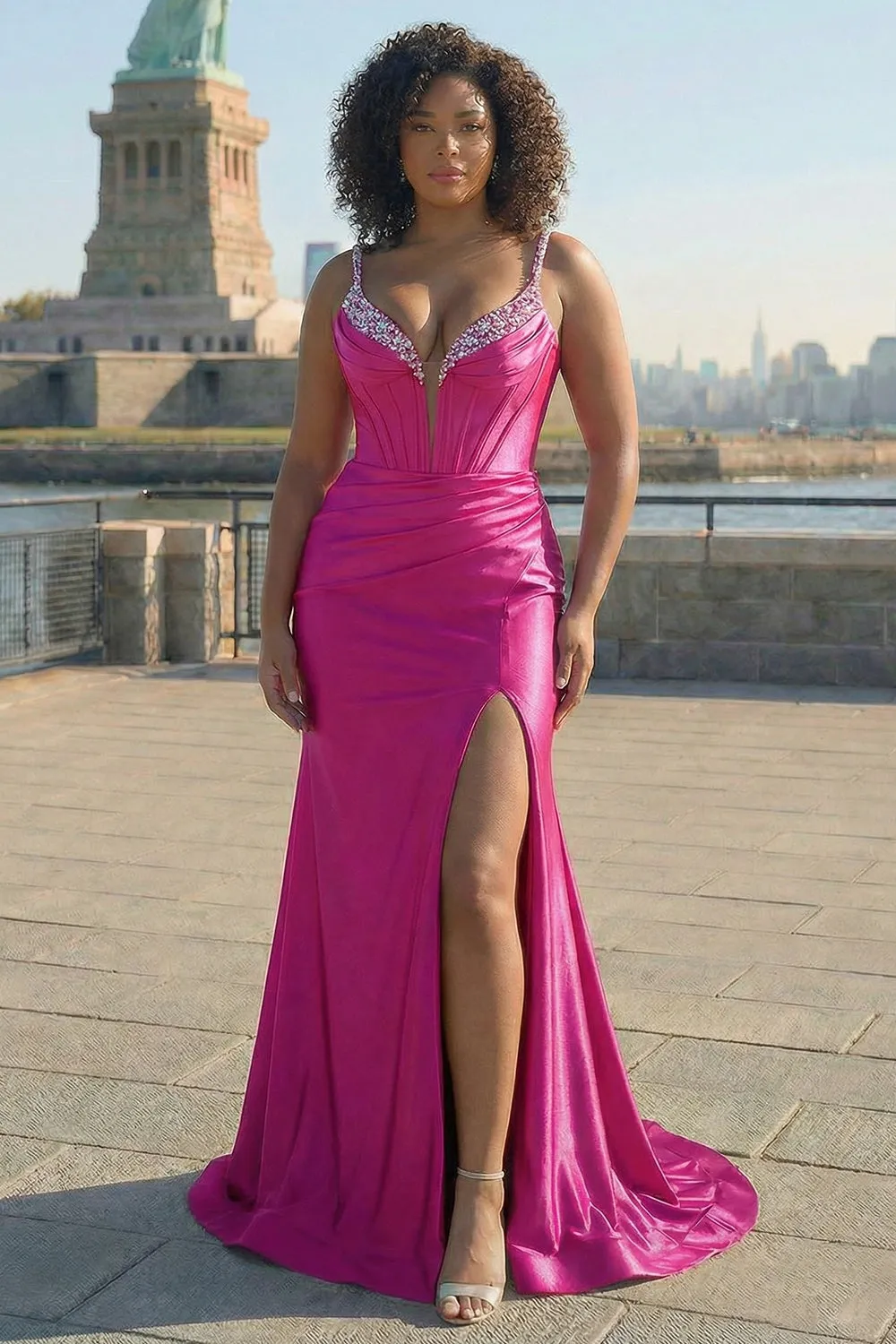 Fuchsia Mermaid Corset Spaghetti Straps Plus Size Prom Dress with Slit sold by Zapaka