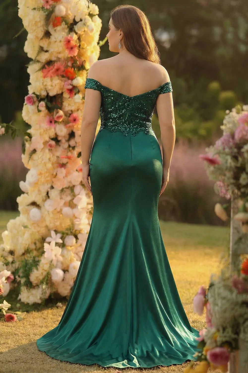 Dark Green Mermaid Off the Shoulder Plus Size Long Satin Prom Dress with Slit sold by Zapaka product image thumbnail 2