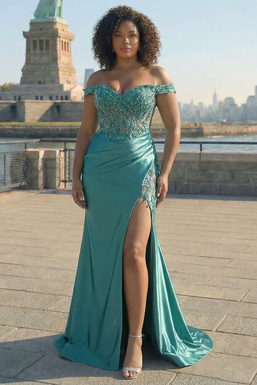 Dark Green Mermaid Off the Shoulder Plus Size Long Satin Prom Dress with Slit sold by Zapaka product image thumbnail 5
