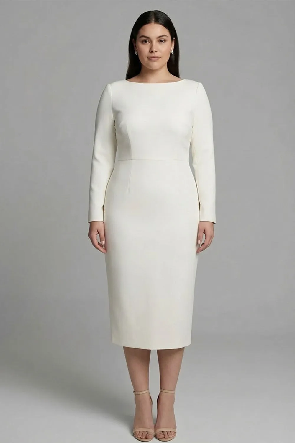 Ivory Sheath Bateau Neck Plus Size Midi Work Dress sold by Zapaka