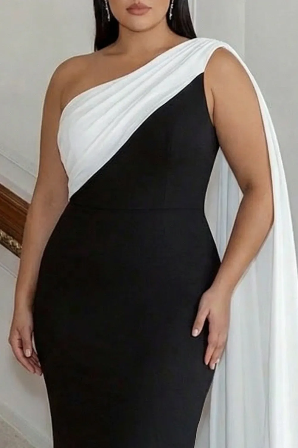Black and White One Shoulder Sheath Plus Size Long Formal Dress with Streamer sold by Zapaka product image thumbnail 3