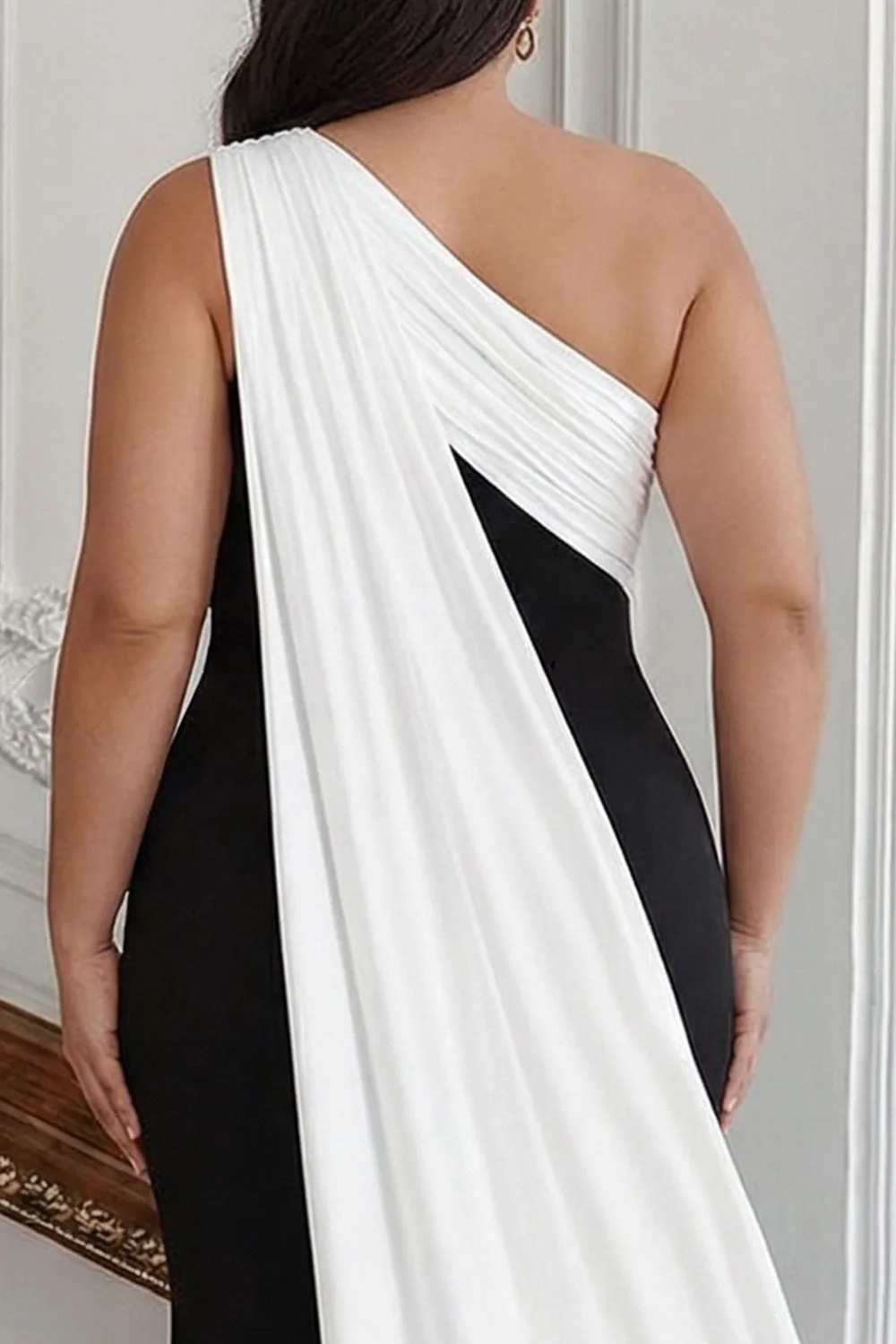 Black and White One Shoulder Sheath Plus Size Long Formal Dress with Streamer sold by Zapaka product image thumbnail 4