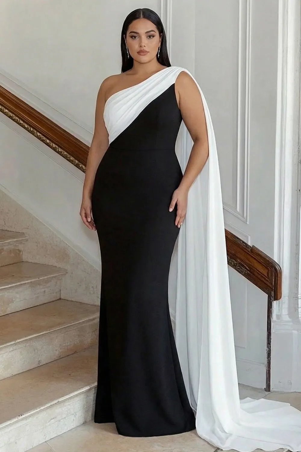 Black and White One Shoulder Sheath Plus Size Long Formal Dress with Streamer sold by Zapaka