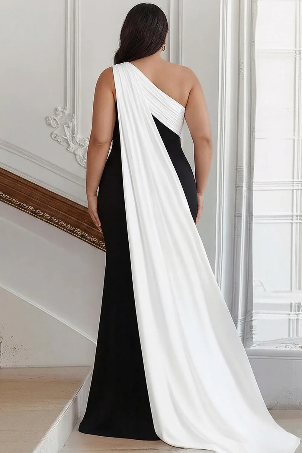 Black and White One Shoulder Sheath Plus Size Long Formal Dress with Streamer sold by Zapaka product image thumbnail 2