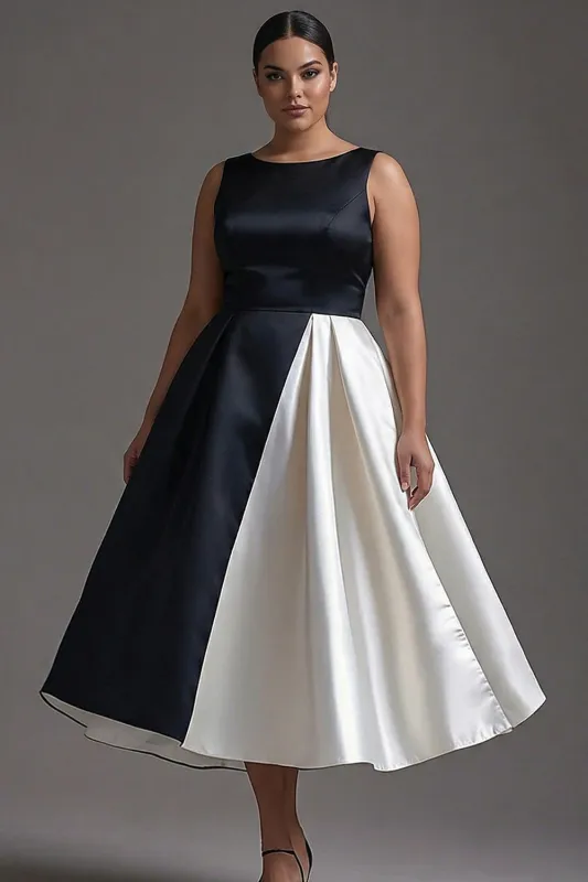 Plus Size A Line Boat Neck Satin Black Tie Dress sold by Zapaka