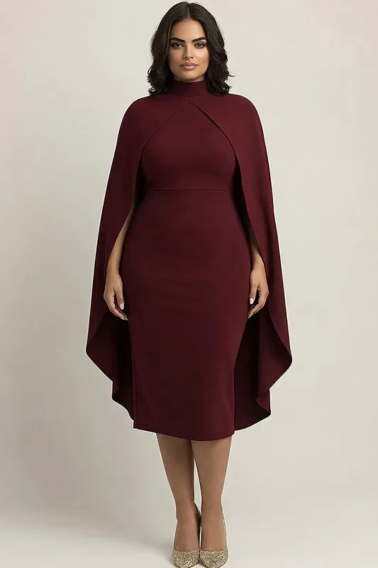 Burgundy Plus Size Sheath High Neck Midi Formal Dress with Cape sold by Zapaka
