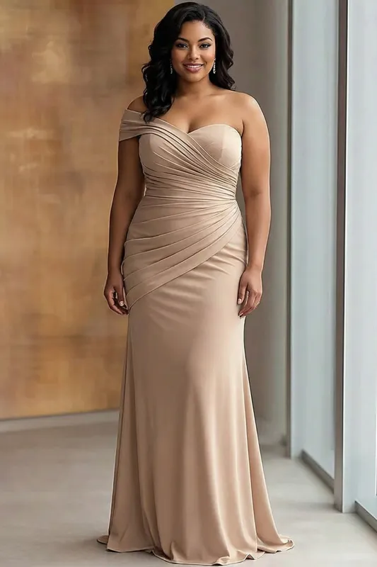 One Shoulder Sheath Light Khaki Pleated Plus Size Long Formal Dress sold by Zapaka