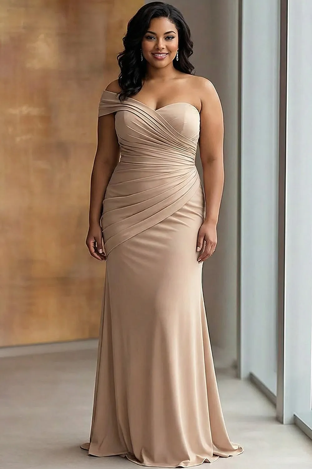 One Shoulder Sheath Light Khaki Pleated Plus Size Long Formal Dress sold by Zapaka