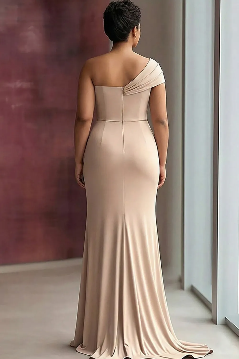 One Shoulder Sheath Light Khaki Pleated Plus Size Long Formal Dress sold by Zapaka product image thumbnail 2