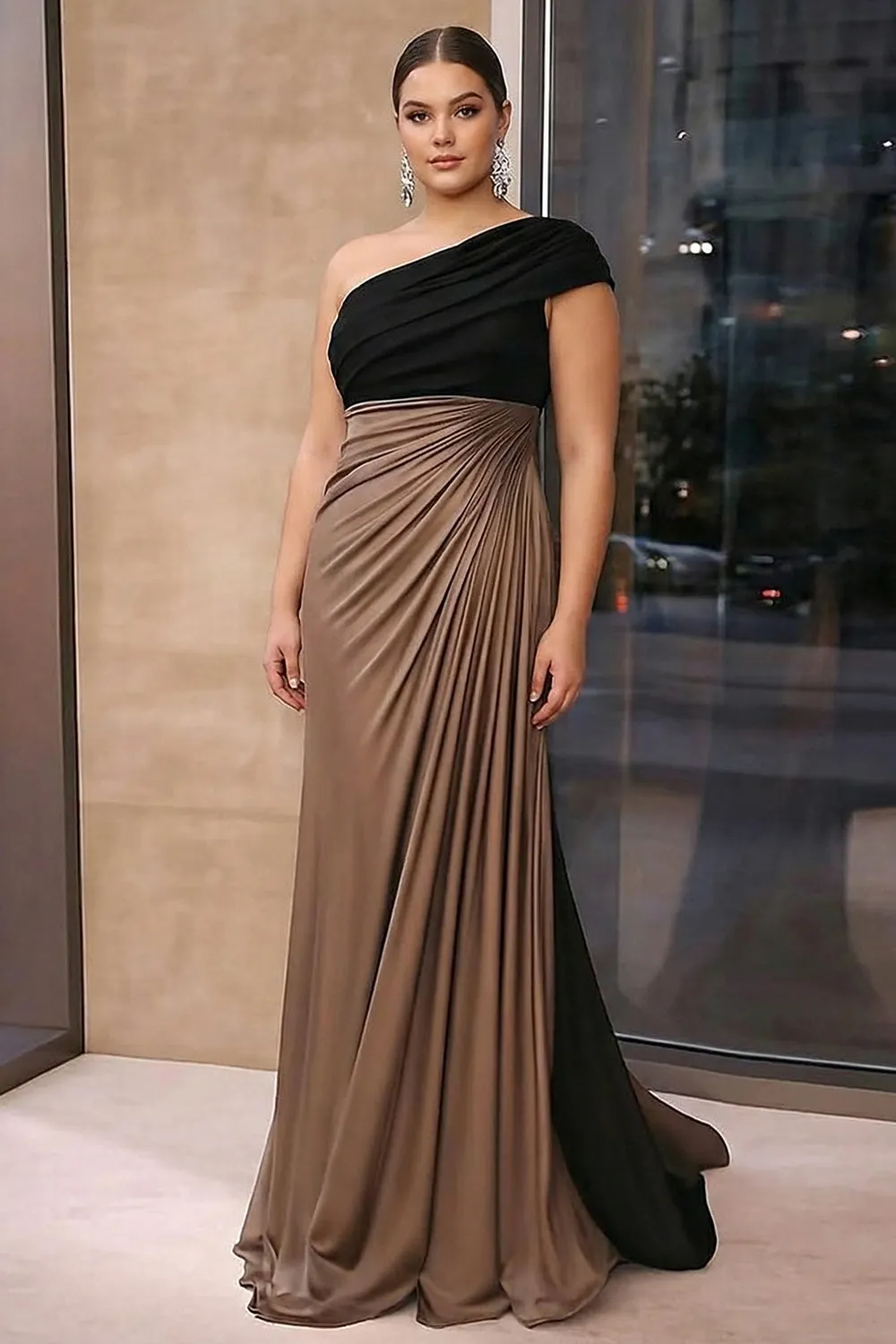 One Shoulder Brown Ruched Sheath Plus Size Long Formal Dress sold by Zapaka