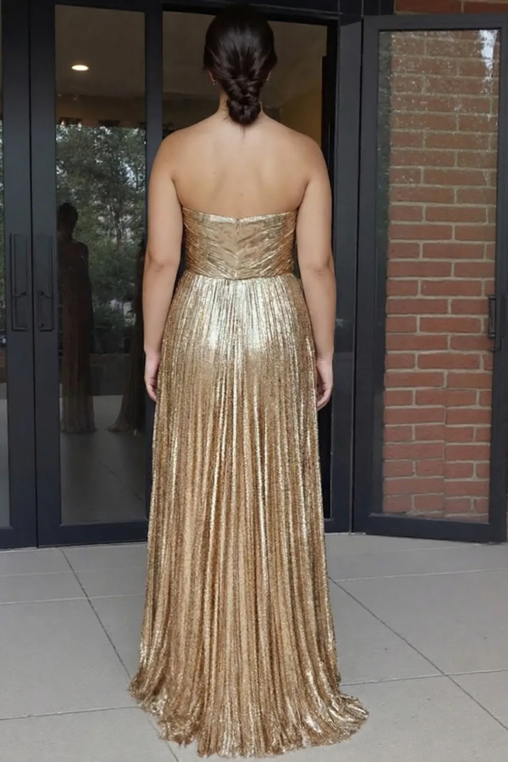 Metallic Gold Pleated A-Line Sweetheart Long Plus Size Prom Dress sold by Zapaka product image thumbnail 2