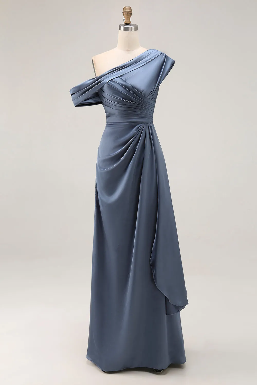 Sheath Plus Size Grey Blue One Shoulder Ruched Satin Mother of the Bride Dress sold by Zapaka product image thumbnail 3