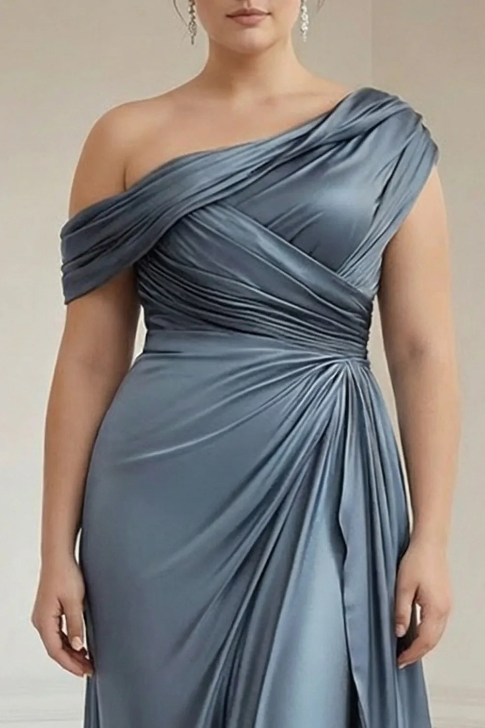 Sheath Plus Size Grey Blue One Shoulder Ruched Satin Mother of the Bride Dress sold by Zapaka product image thumbnail 2