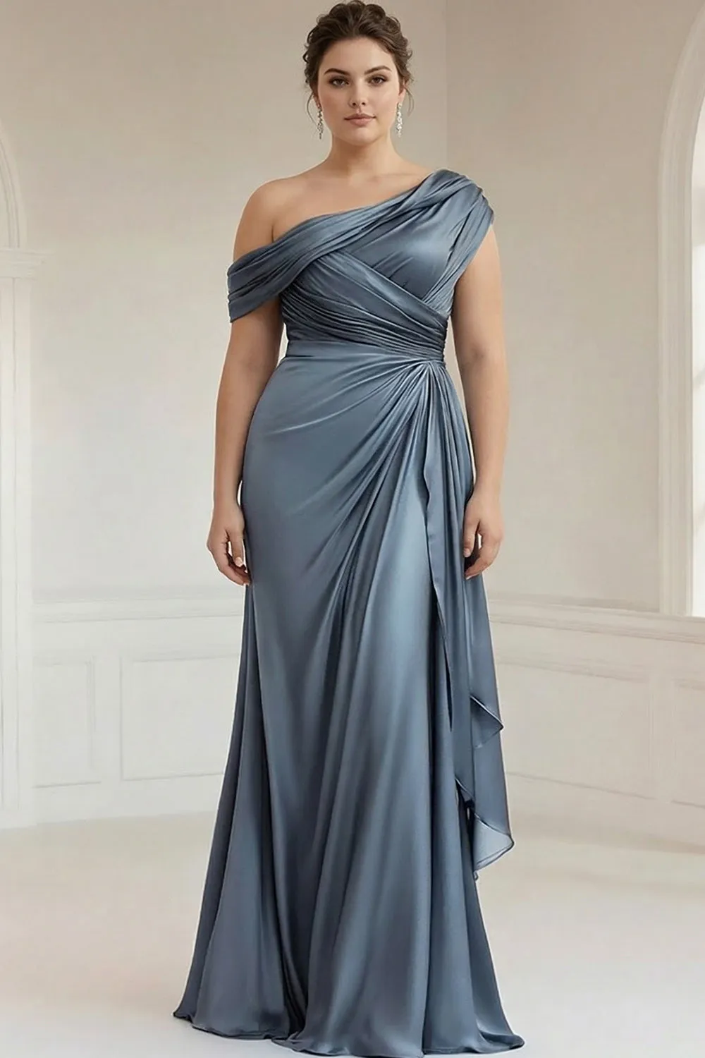 Sheath Plus Size Grey Blue One Shoulder Ruched Satin Mother of the Bride Dress sold by Zapaka