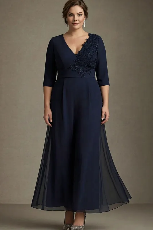 Navy A-Line V-Neck Chiffon Plus Size Mother of the Bride Dress with Appliques made by Zapaka