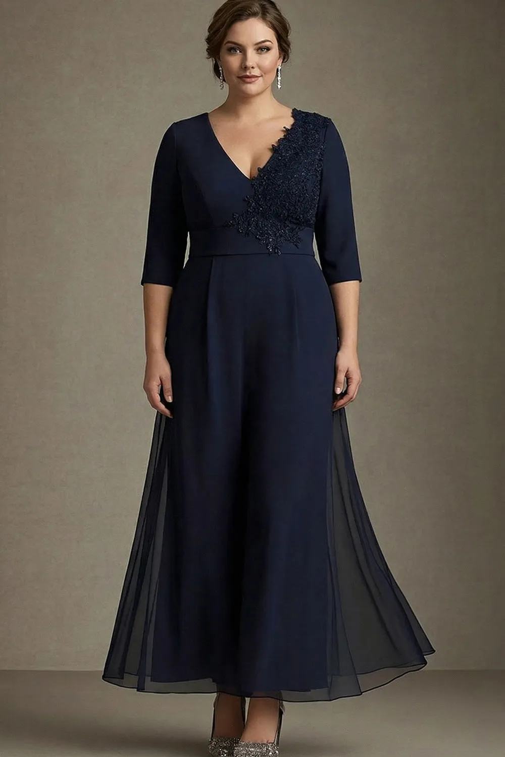 Navy A-Line V-Neck Chiffon Plus Size Mother of the Bride Dress with Appliques sold by Zapaka