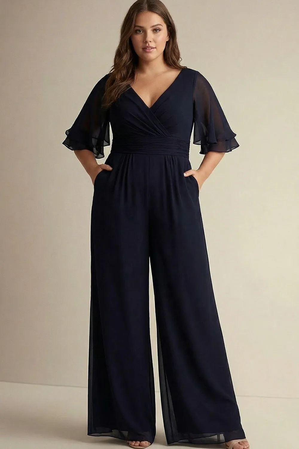 Navy Plus Size Chiffon V-Neck Half Sleeves Mother of the Bride Jumpsuits sold by Zapaka