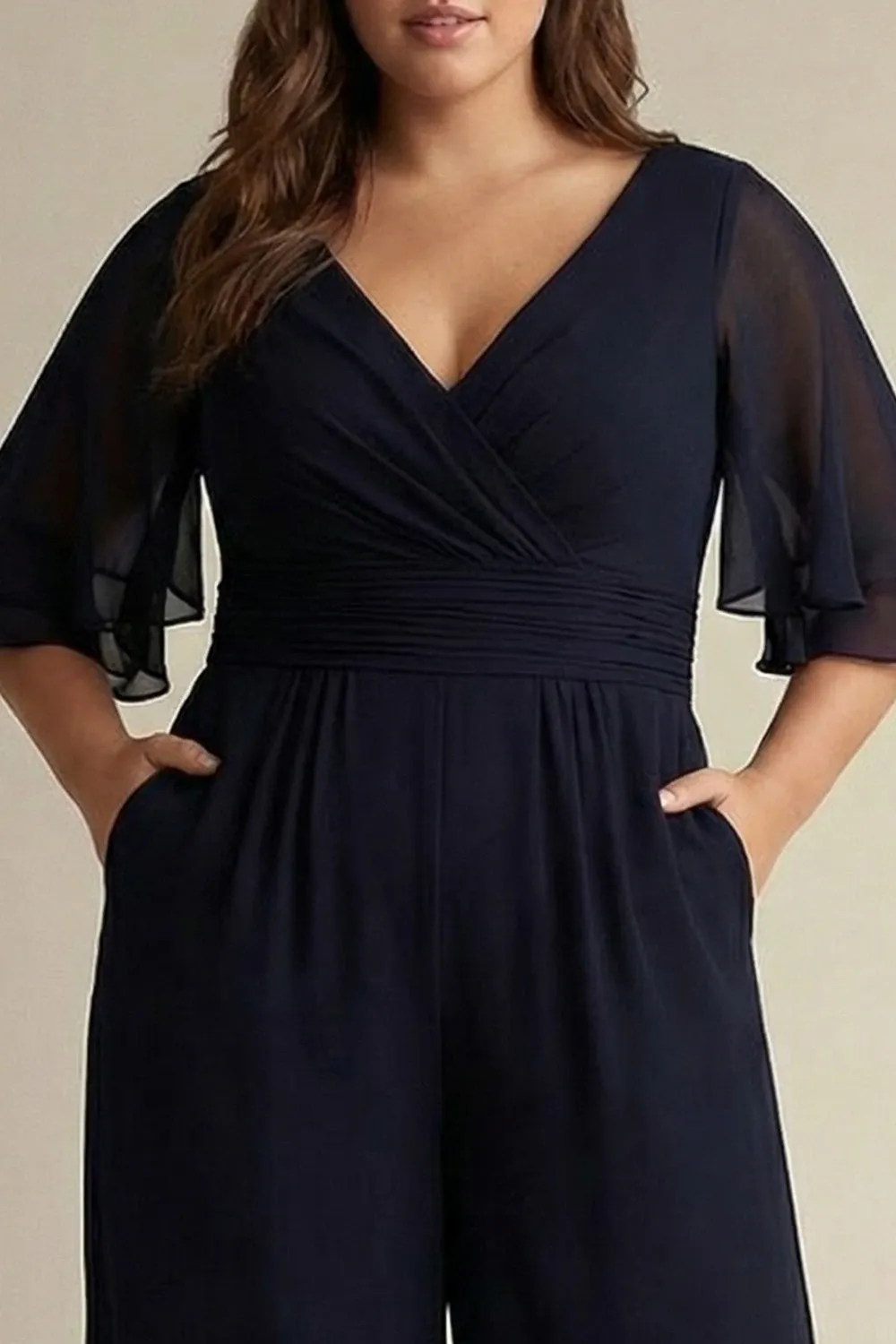 Navy Plus Size Chiffon V-Neck Half Sleeves Mother of the Bride Jumpsuits sold by Zapaka product image thumbnail 2