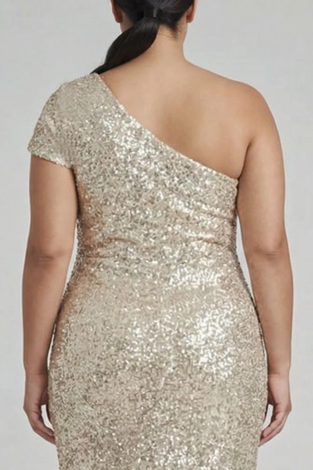 Sparkly Champagne One Shoulder Plus Size Sheath Formal Dress with Sequins sold by Zapaka product image thumbnail 4