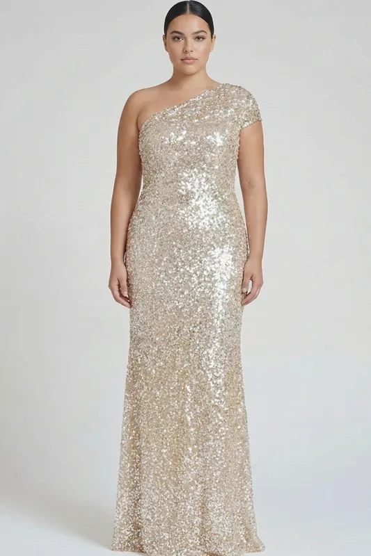 Sparkly Champagne One Shoulder Plus Size Sheath Formal Dress with Sequins sold by Zapaka