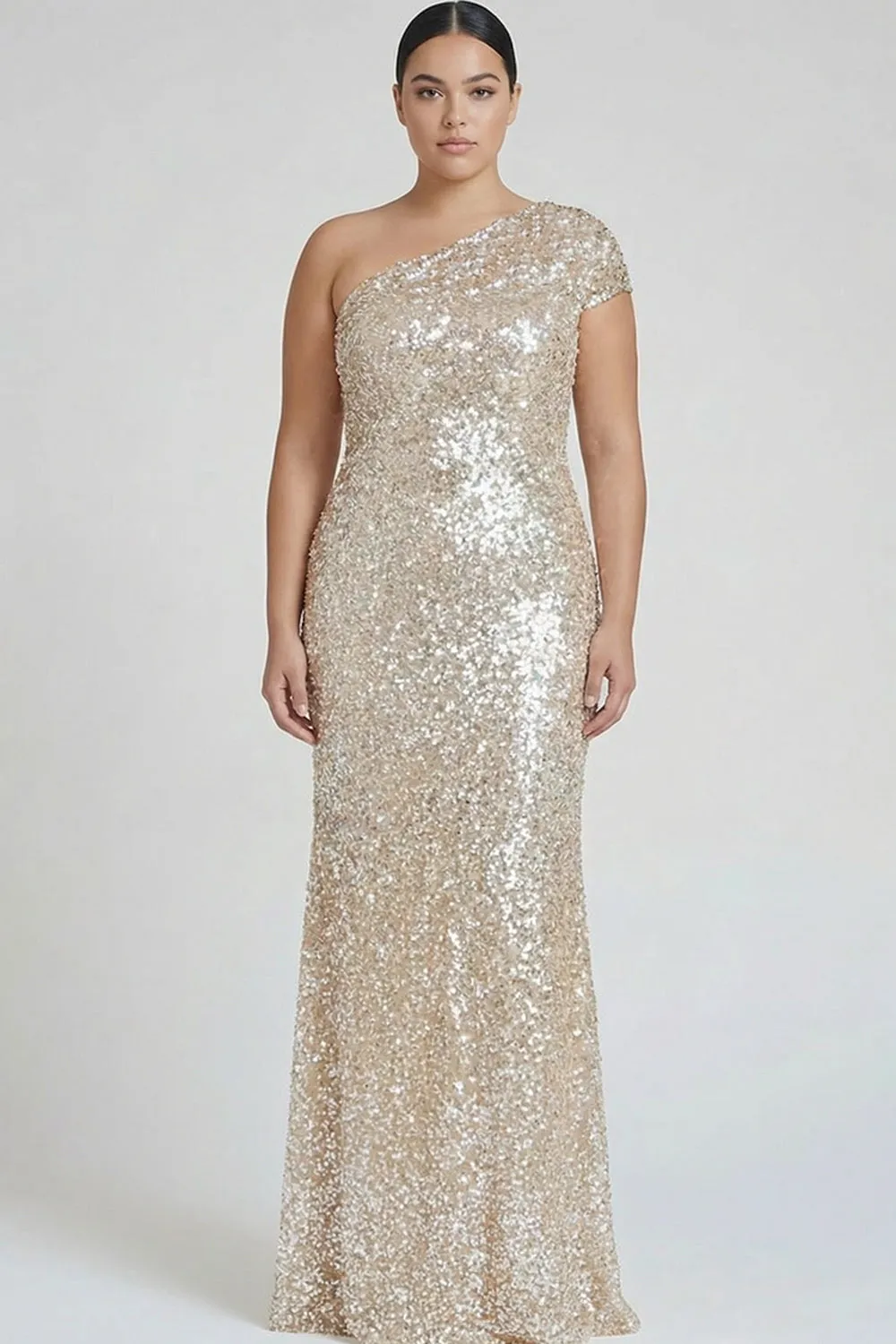 Sparkly Champagne One Shoulder Plus Size Sheath Formal Dress with Sequins sold by Zapaka