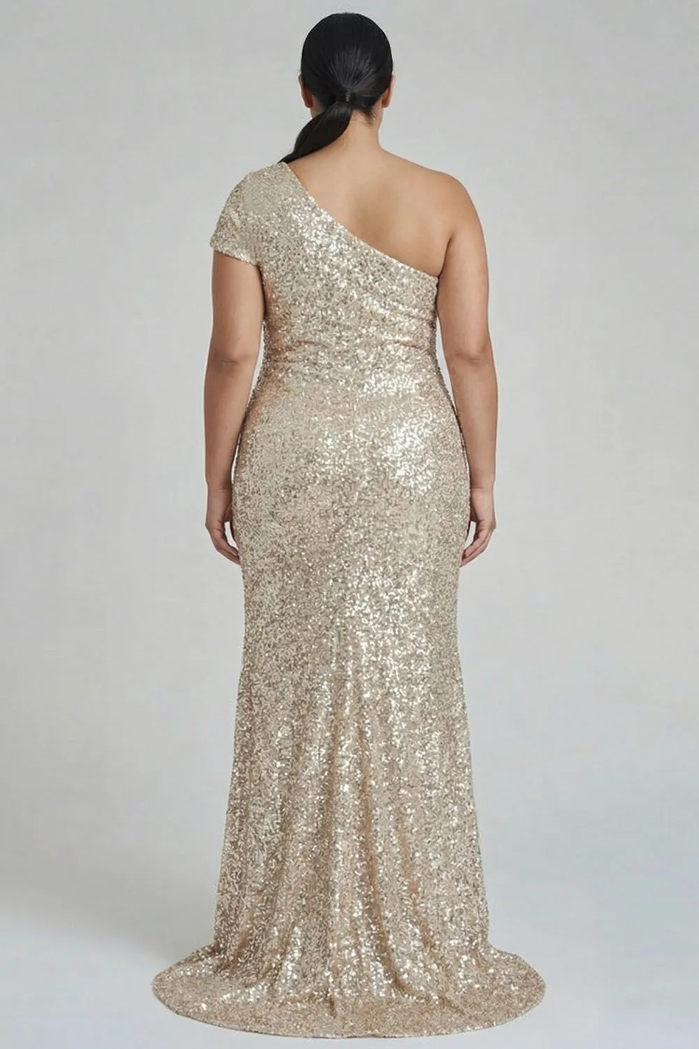 Sparkly Champagne One Shoulder Plus Size Sheath Formal Dress with Sequins sold by Zapaka product image thumbnail 2