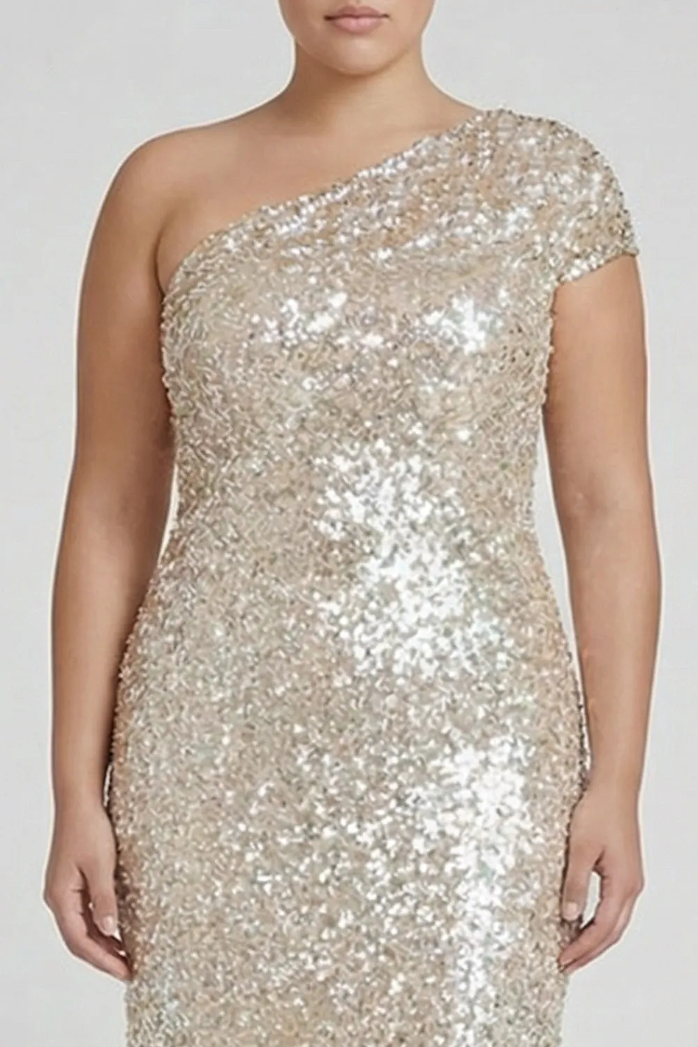 Sparkly Champagne One Shoulder Plus Size Sheath Formal Dress with Sequins sold by Zapaka product image thumbnail 3