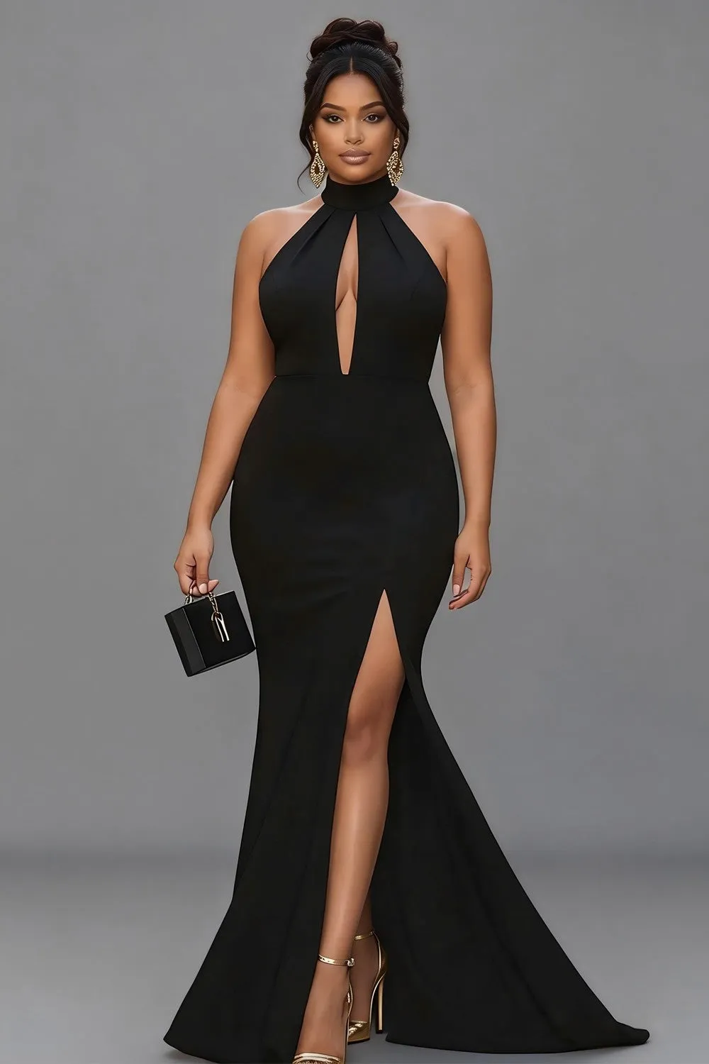 Black Mermaid Halter Keyhole Plus Size Satin Formal Dress with Slit sold by Zapaka