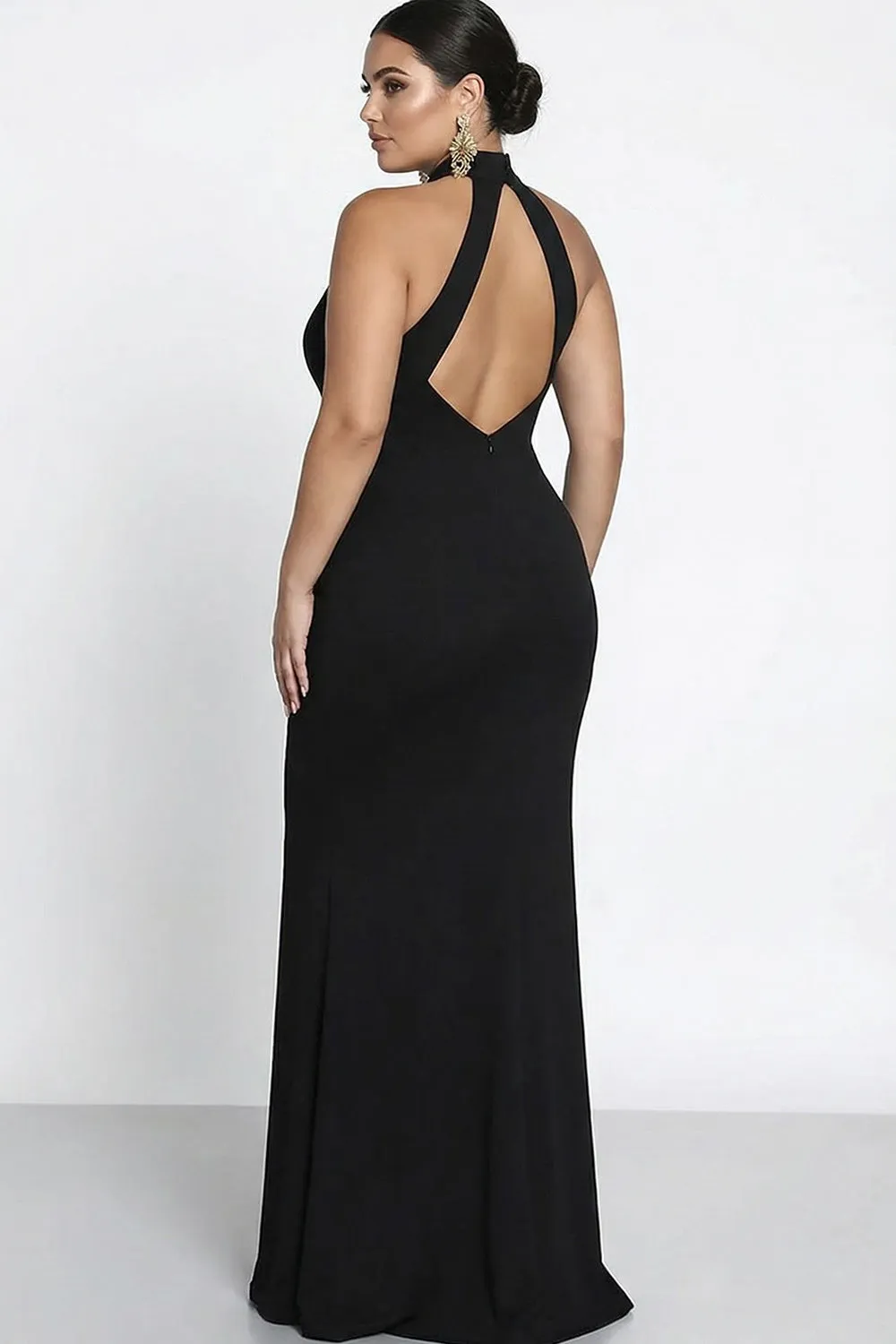 Black Mermaid Halter Keyhole Plus Size Satin Formal Dress with Slit sold by Zapaka product image thumbnail 2