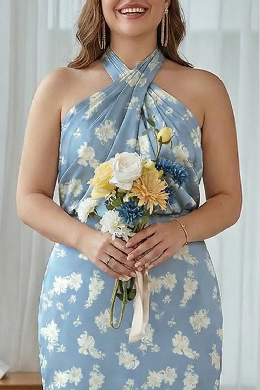 Sheath Halter Blue White Flower Plus Size Printed Long Bridesmaid Dress sold by Zapaka product image thumbnail 3