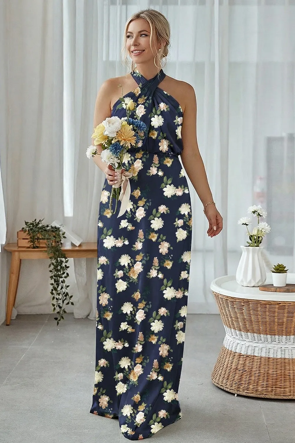 Sheath Halter Blue White Flower Plus Size Printed Long Bridesmaid Dress sold by Zapaka product image thumbnail 5