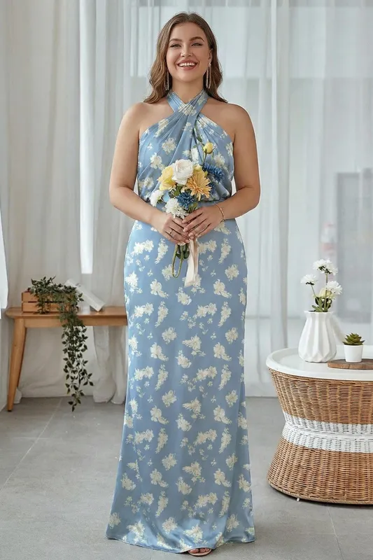 Sheath Halter Blue White Flower Plus Size Printed Long Bridesmaid Dress sold by Zapaka