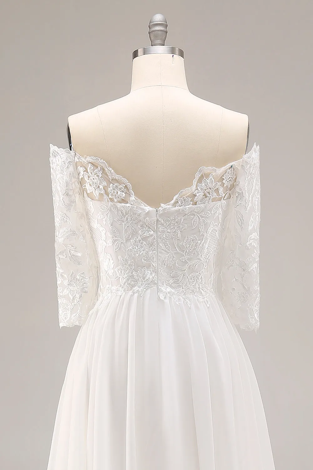 White A-Line Off The Shoulder Half Sleeves Wedding Dress with Lace sold by Zapaka product image thumbnail 5