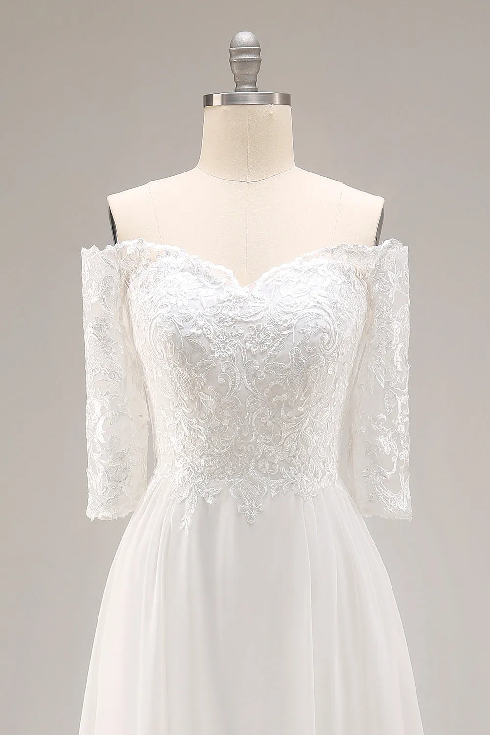 White A-Line Off The Shoulder Half Sleeves Wedding Dress with Lace sold by Zapaka product image thumbnail 4