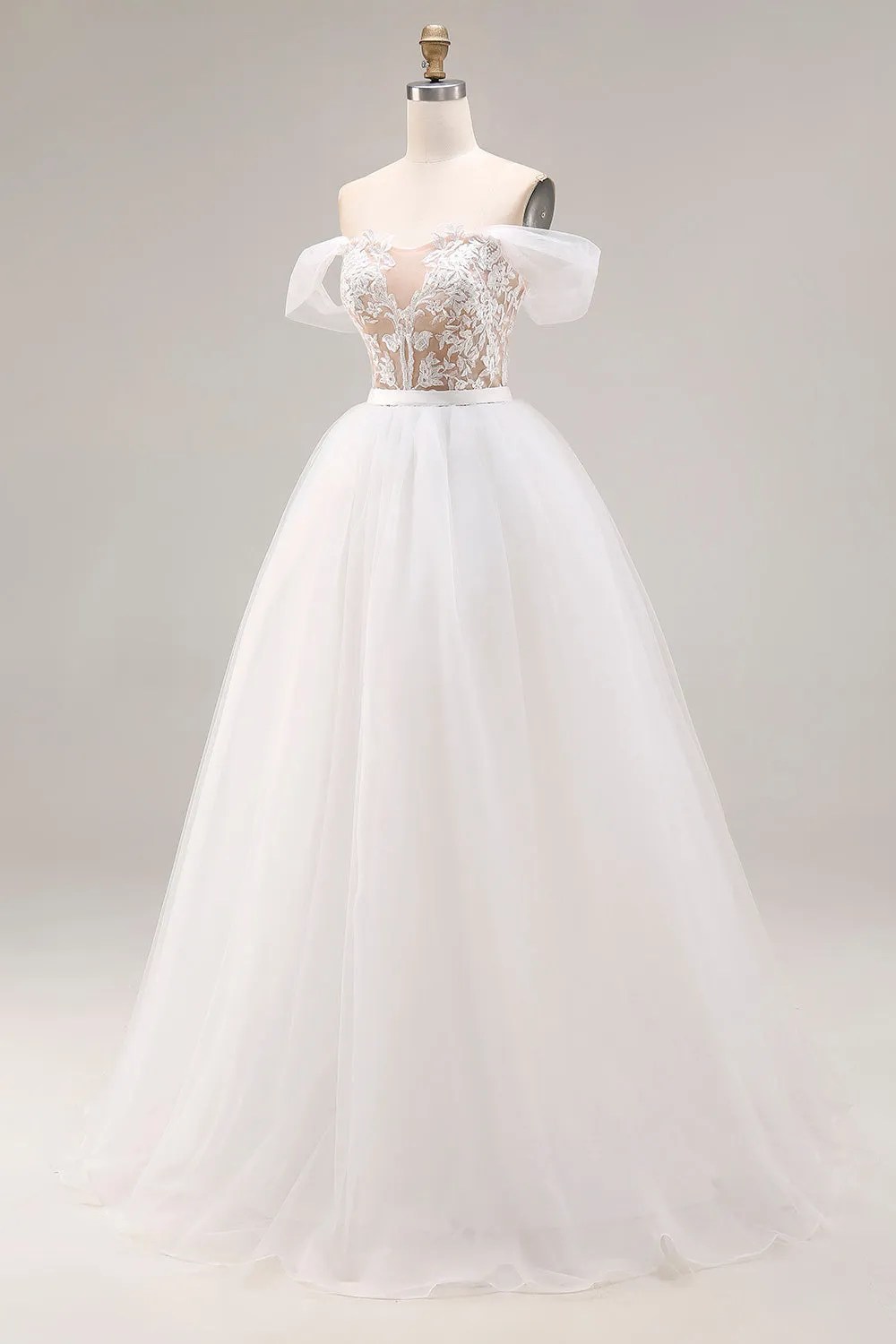 Ivory Off The Shoulder Embroidered Tulle Long Ball Gown Wedding Dress sold by Zapaka product image thumbnail 3