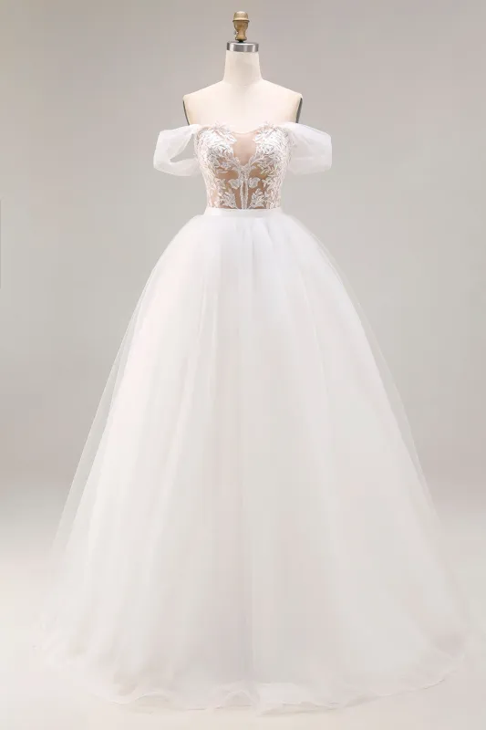Ivory Off The Shoulder Embroidered Tulle Long Ball Gown Wedding Dress sold by Zapaka
